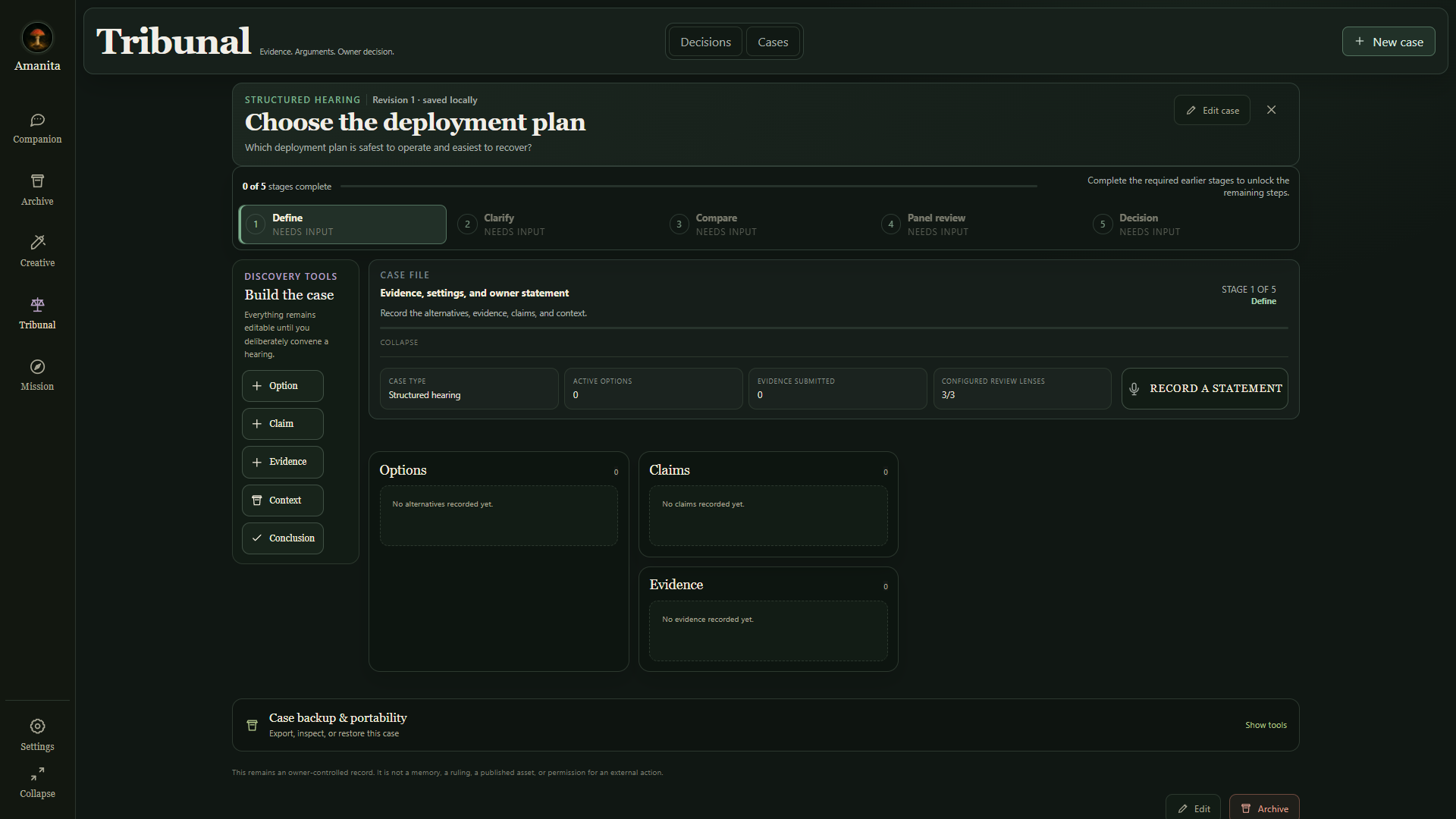 Case review — configured review lenses and owner statement