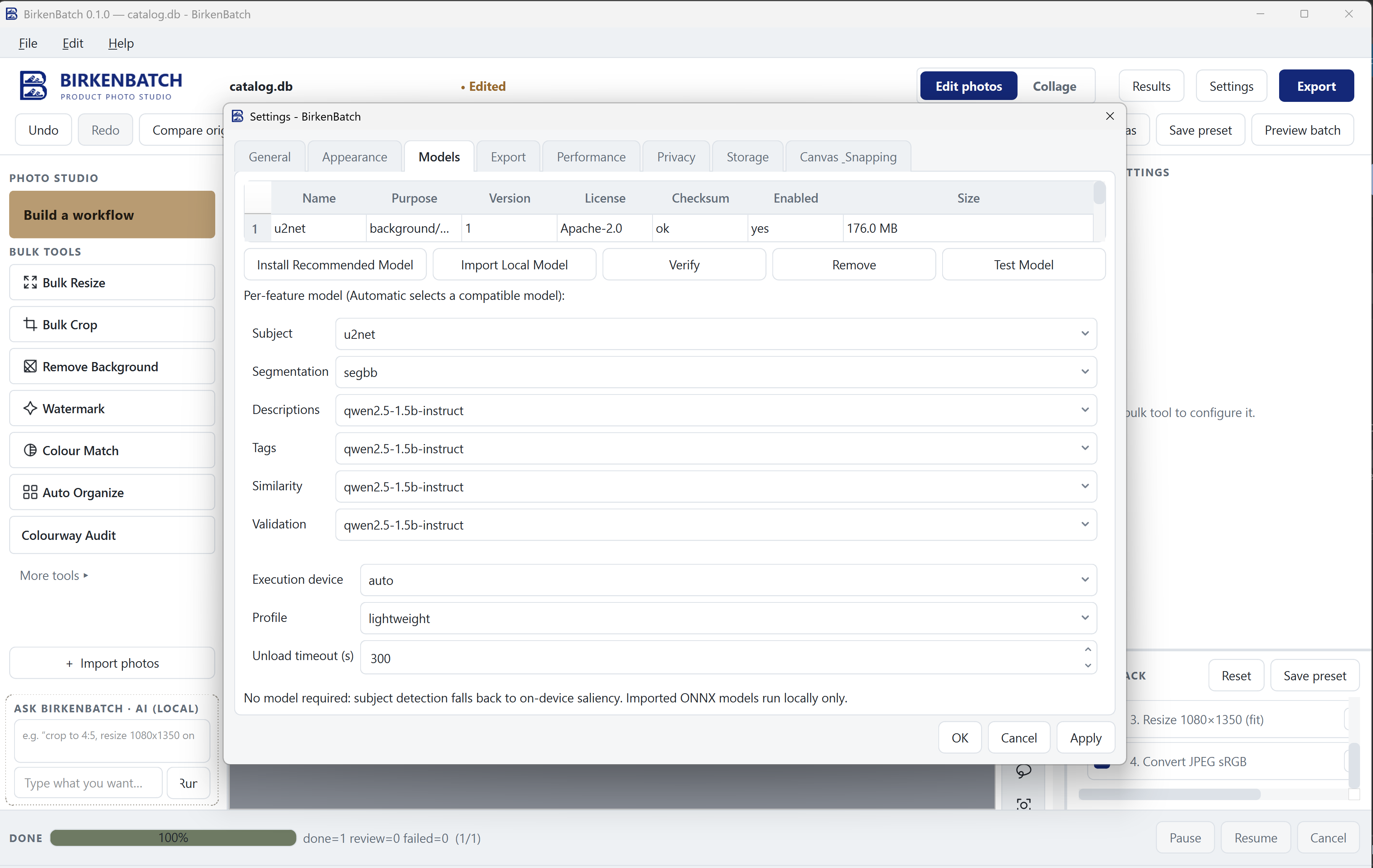 BirkenBatch Models settings showing the installed u2net model and per-feature model assignments